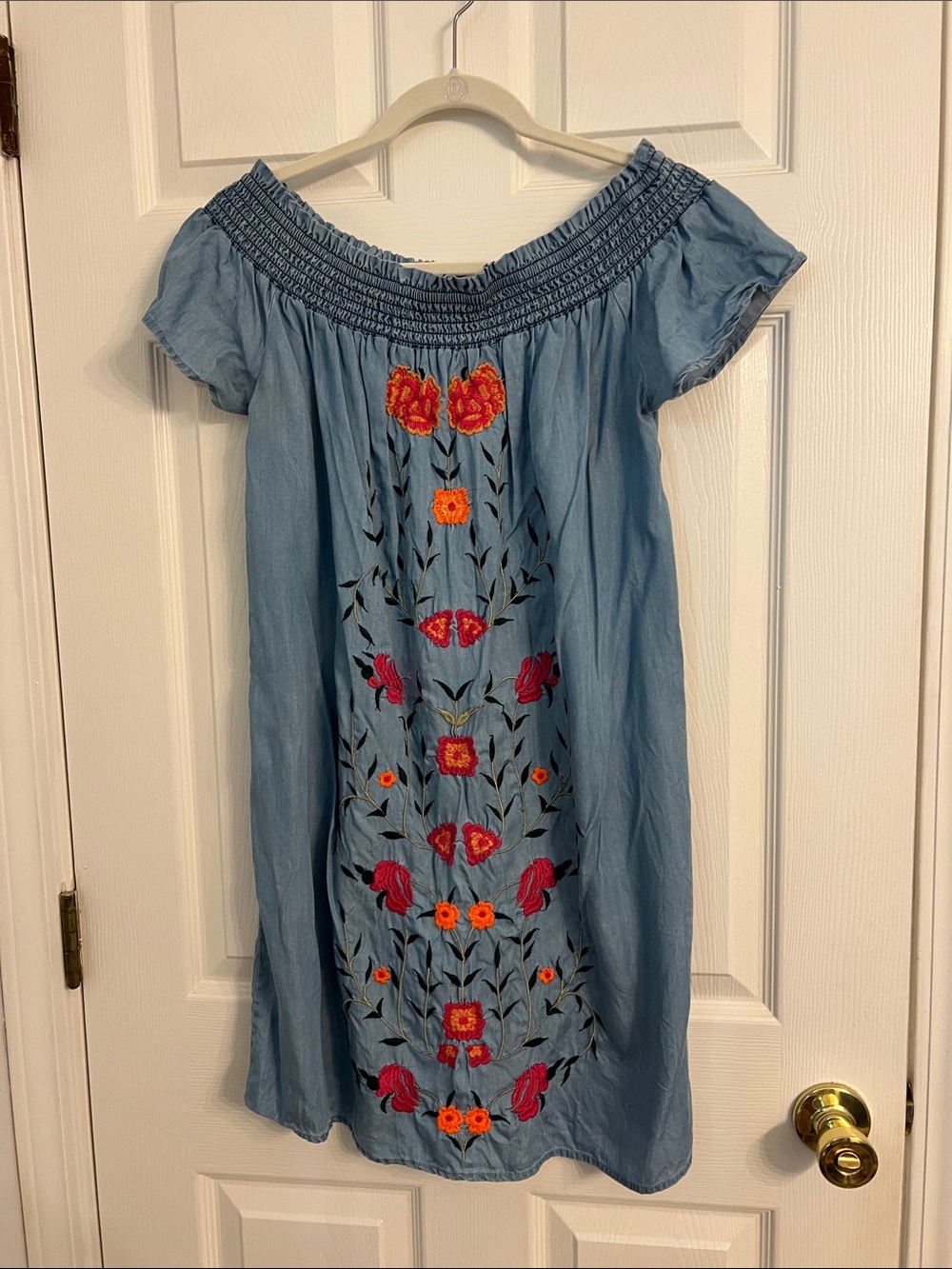 miami Light Blue Off-Shoulder Embroidered Midi Dress
